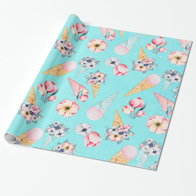 Papel De Regalo Verde azulado Verano Divertido Flor Helado Cono -  (Desenrollado)
