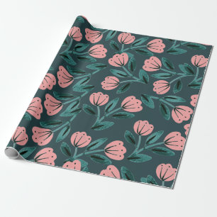 Papel De Regalo Verde azulado y floral rosa