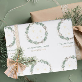 Papel De Regalo Verde Bosque Estrellas Doradas Navidad Nombre de l