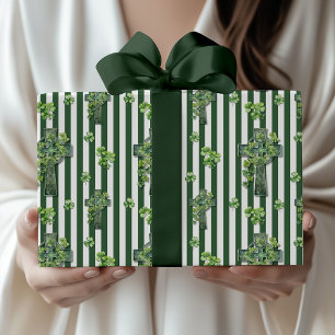 Papel De Regalo Verde Cazador Rayado Trébol de Cuatro Hojas Cruz D