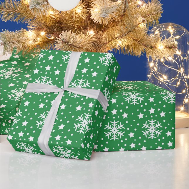 PAPEL DE REGALO VERDE CON COPOS DE NIEVE NAVIDEÑOS BLANCOS (Vacaciones)