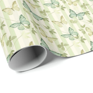 Papel de regalo verde con mariposas y rayas para c