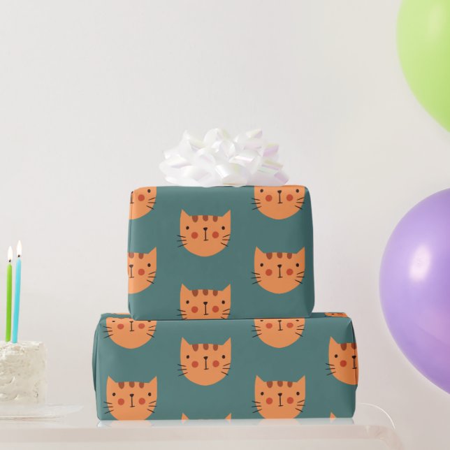 Papel De Regalo Verde de gato lindo naranja (Regalos de fiesta)
