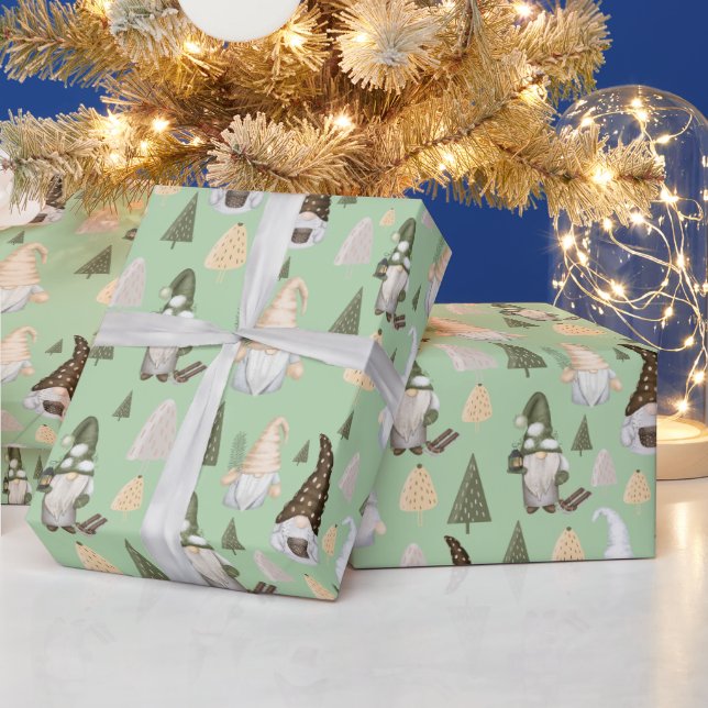 Papel de regalo verde de gnomos de invierno (Vacaciones)