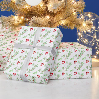 Papel De Regalo Verde de invierno de Navidad y bayas rojas