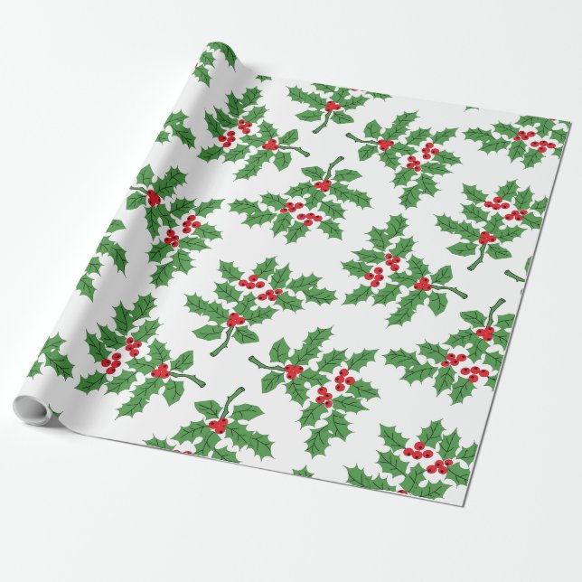 Papel De Regalo Verde de las bayas del acebo (Desenrollado)