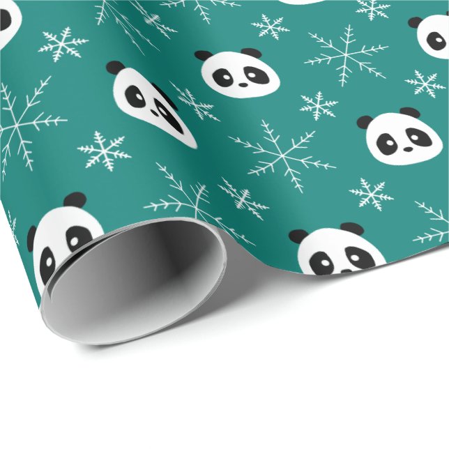 Papel De Regalo Verde de pino - Pandas con copas de nieve (Esquina del rollo)