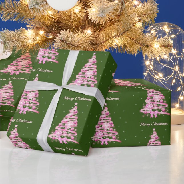 Papel De Regalo Verde del árbol de Navidad rosa moderno (Vacaciones)
