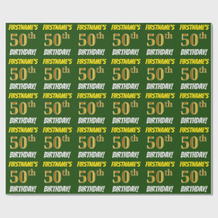 Papel De Regalo Verde, Dorado Falso/Imitación, "50º CUMPLEAÑOS"