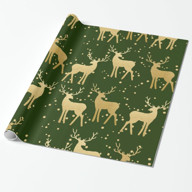 Papel De Regalo Verde elegante de reno antler dorado | Puntos de P (Desenrollado)
