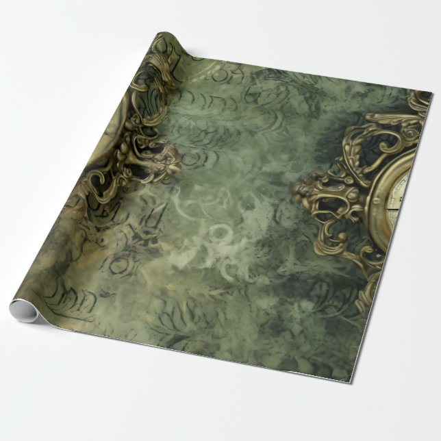 Papel De Regalo Verde Esmeralda Rústico Antiguo Steampunk (Desenrollado)
