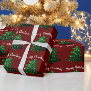 Papel De Regalo Verde espárrago árbol de Navidad rojo oscuro