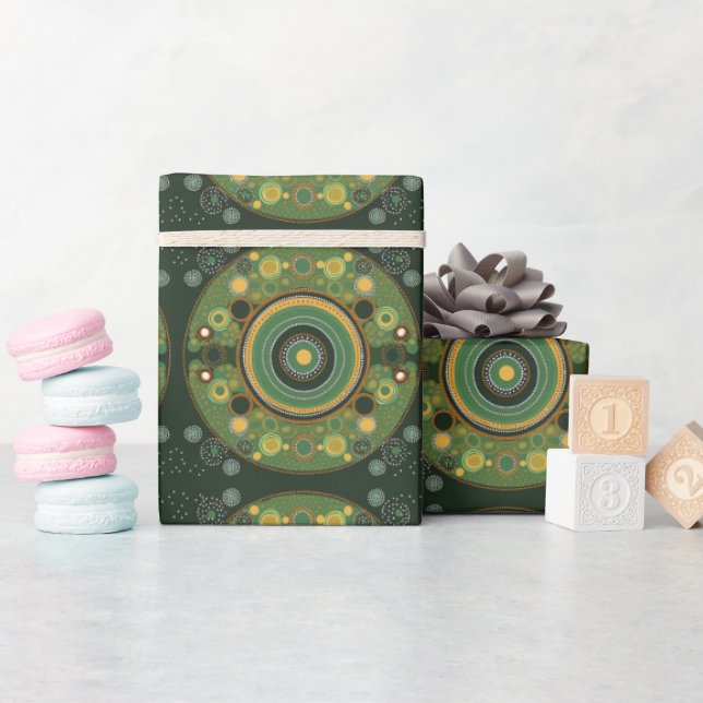 Papel de regalo verde estilo arte aborigen  (Baby Shower)