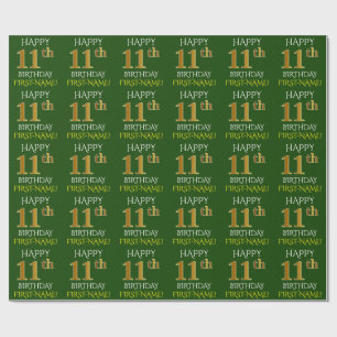 Papel De Regalo Verde, falso oro "FELIZ CUMPLEAÑOS 11"