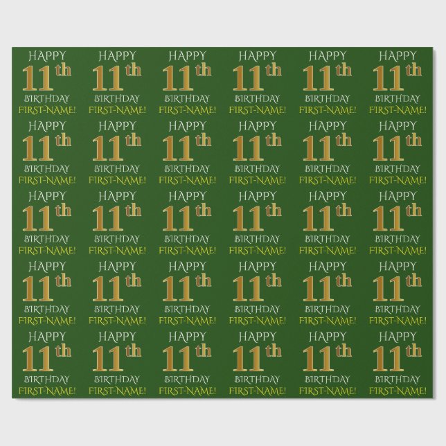 Papel De Regalo Verde, falso oro "FELIZ CUMPLEAÑOS 11" (Superficie plana)