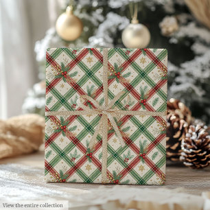 Papel De Regalo Verde festivo y tartán navideño de acuarela roja