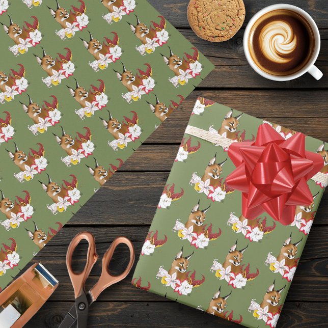 Papel De Regalo Verde floral de gato salvaje caracal (Subido por el creador)