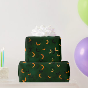 Papel De Regalo Verde Glamuroso y Murciélagos Naranja de Halloween