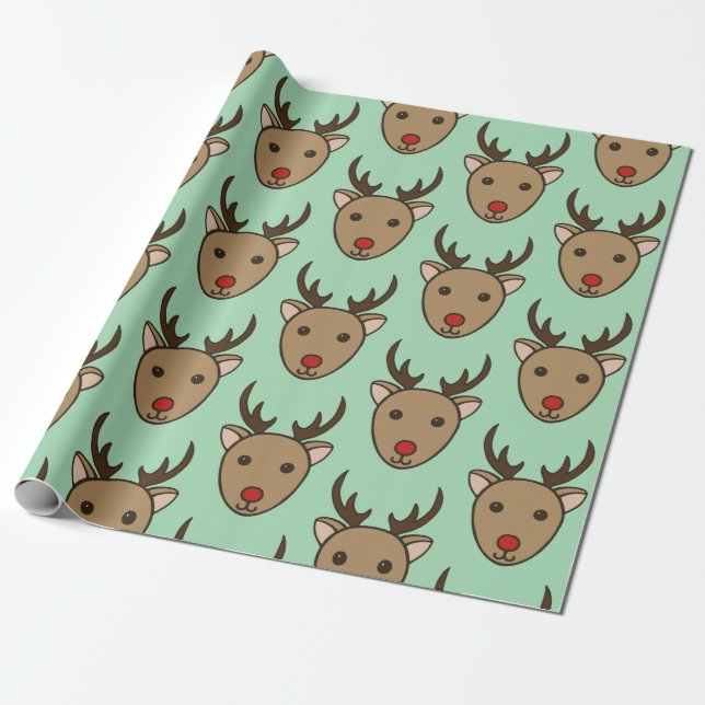 Papel de regalo verde menta reno de Navidad (Desenrollado)