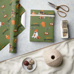 Papel De Regalo verde oliva Happy Halloween Cute Ghost Pumpkin
