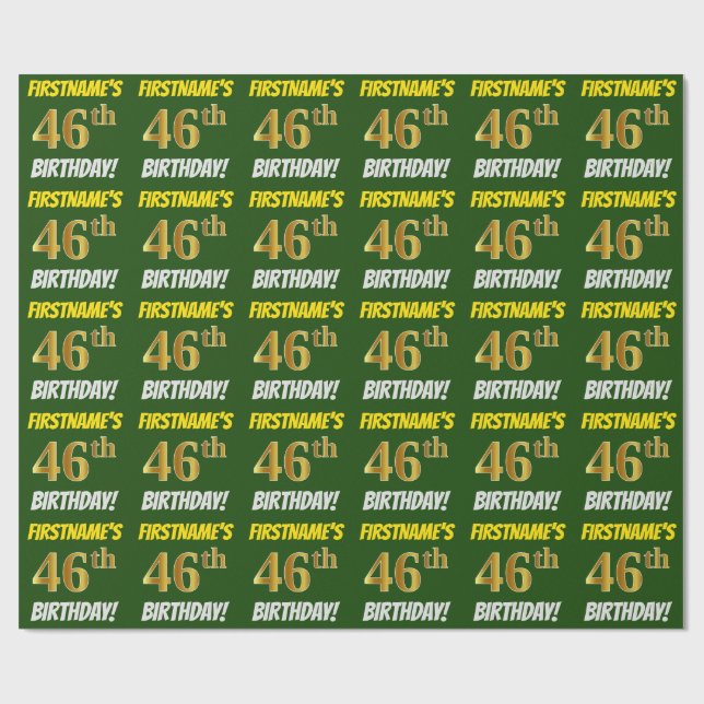 Papel De Regalo Verde, Oro Falso/Imitación, "CUMPLEAÑOS 46" (Superficie plana)