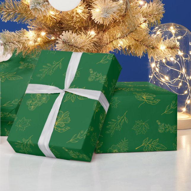 Papel De Regalo Verde oscuro botánico dorado moderno (Vacaciones)