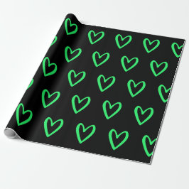 Papel De Regalo Verde primavera sobre corazones negros dibujados a