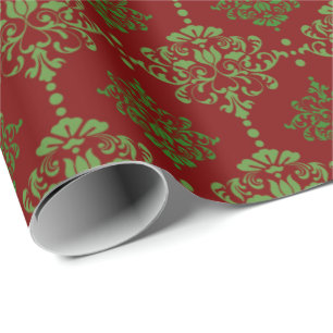 Papel De Regalo Verde rojo del navidad del damasco clásico del