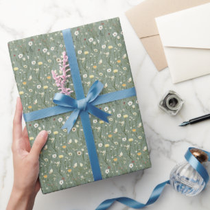 Papel De Regalo Verde Salvia Amarillo Blanco Boho Flores Silvestre