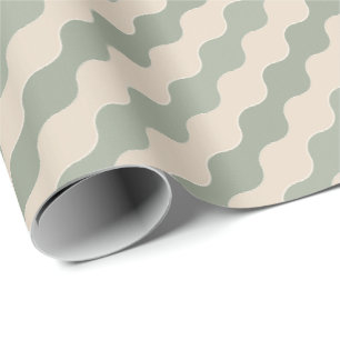 Papel De Regalo Verde Salvia y Crema Ola Fluyente Lujo Geométrico
