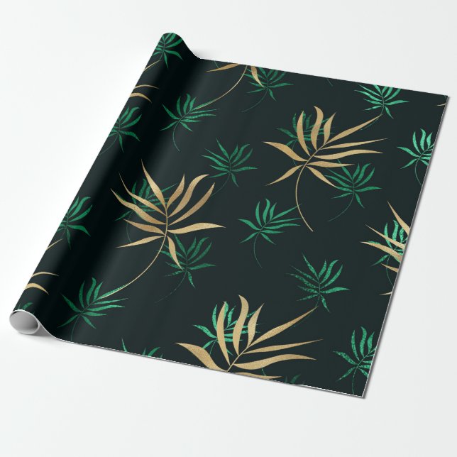 Papel De Regalo Verde tropical exótico y oro (Desenrollado)