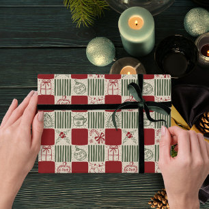 Papel De Regalo Verdes y rojos cuadros retro dibujados a mano Navi
