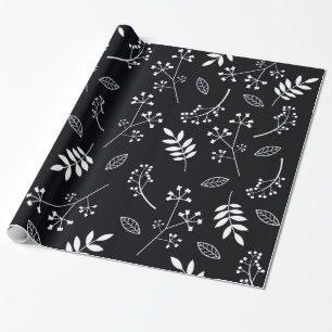 Papel De Regalo Verdor floral botánico de las hojas blanco y negro