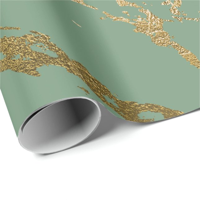 Papel De Regalo Verdor Mint Sage Gold Marble Glam brillante (Esquina del rollo)