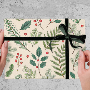 Papel De Regalo Verdura de Navidad Bayas Rojas Pino Fiesta