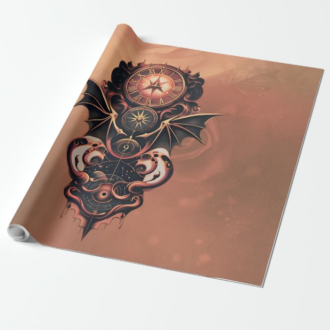 Papel De Regalo Viaje místico del tiempo con alas, reloj de vapor. (Desenrollado)