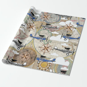 Papel De Regalo Viajero de aventuras de mapas y aviones de cosecha