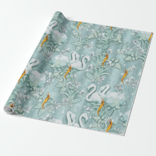 Papel De Regalo Vías verdes de seda y flores flamencos