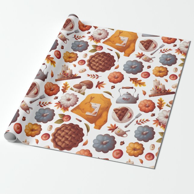 Papel De Regalo Vibes otoñales - Calabazas, Apple Pie, champiñones (Desenrollado)