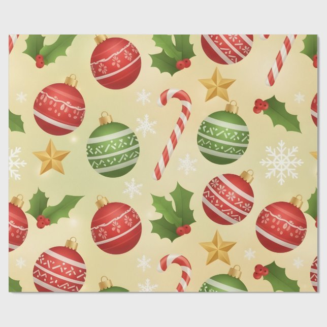 Papel De Regalo Vibrant Festive Christmas Ornaments and Candy Cane (Superficie plana)