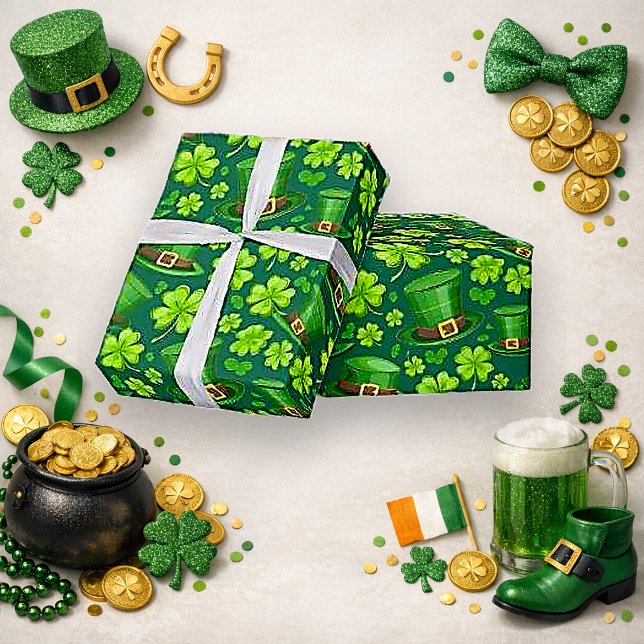 Papel De Regalo Vibrant Green Shamrock Leprechaun Pattern Art (Subido por el creador)