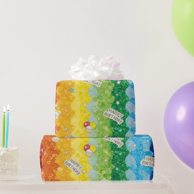 Papel De Regalo Vibrant Rainbow Birthday Cake Wrapping Paper  (Regalos de fiesta)