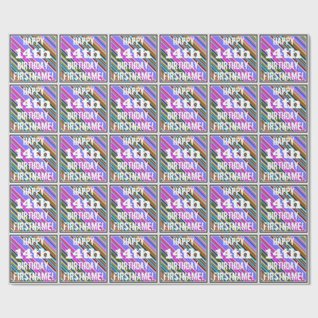 Papel De Regalo Vibrante, colorido 14º cumpleaños + nombre persona (Superficie plana)