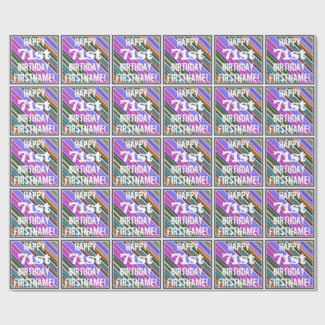 Papel De Regalo Vibrante, colorido 71 cumpleaños + nombre personal (Superficie plana)