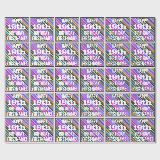 Papel De Regalo Vibrante, colorido cumpleaños 19 + nombre personal (Superficie plana)