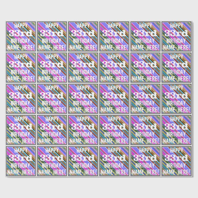 Papel De Regalo Vibrante, colorido cumpleaños 33 + nombre personal (Superficie plana)