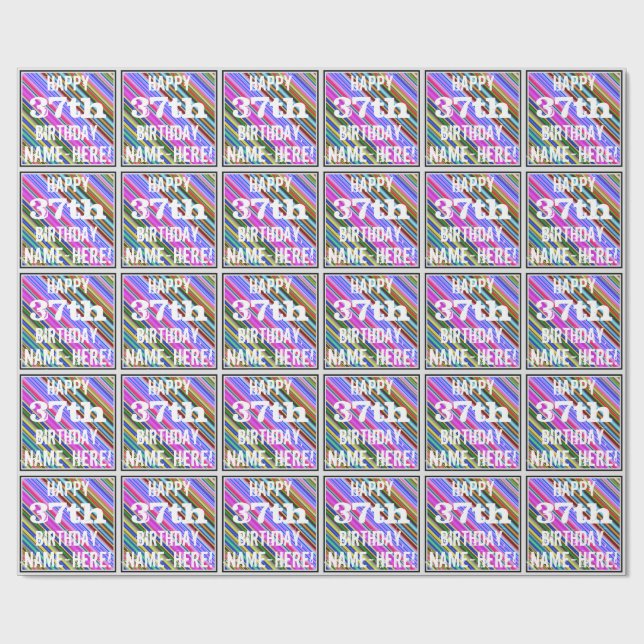 Papel De Regalo Vibrante, colorido cumpleaños 37 + nombre personal (Superficie plana)