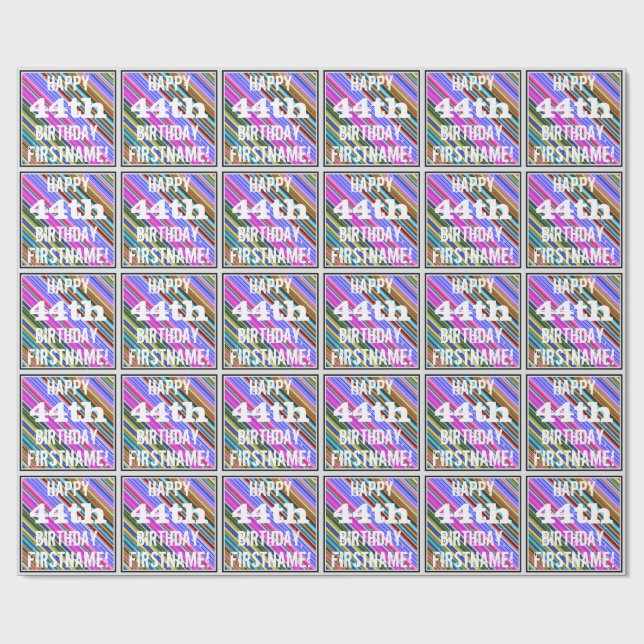Papel De Regalo Vibrante, colorido cumpleaños 44 + nombre personal (Superficie plana)