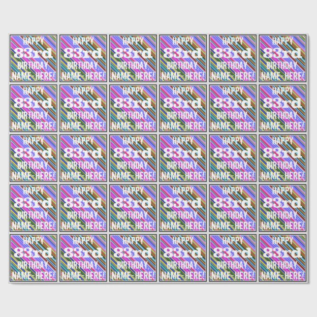 Papel De Regalo Vibrante, colorido cumpleaños 83 + nombre personal (Superficie plana)