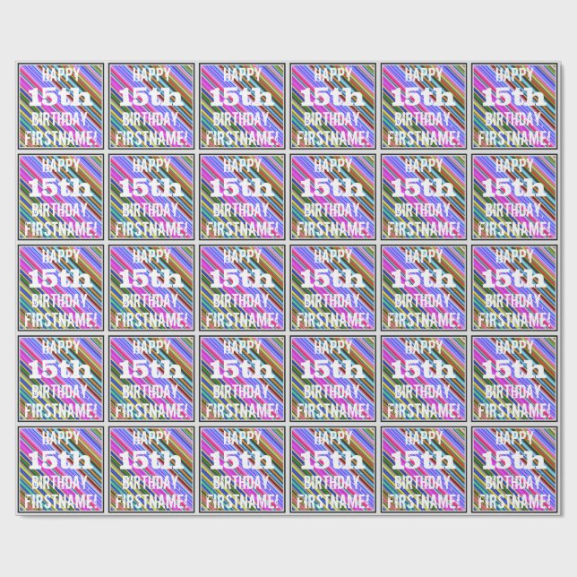 Papel De Regalo Vibrante, colorido decimoquinto cumpleaños + nombr (Superficie plana)